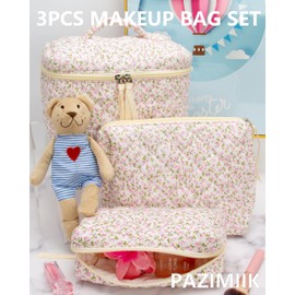 3PCS Makeup Bag SET Large Travel Quilted Zipper Soft Cosmetic Case Pouch for Women Girls Make Up,Floral Pink