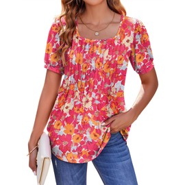 Zeagoo Short Sleeve Shirts for Women Casual Square Neck Summer Tops Loose Fit Modify Tunic Top Floral Red