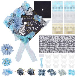 FREEBLOSS Graduation Hat Decoration Set Hat Decorations for Graduation DIY Blue Graduation Hat Alphabet Letter Number Decals for Grad Hat 3D Butterfly Faux Flower Heads for Grad Hats