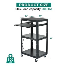 YITAHOME Large AV Cart on Wheels, Metal Presentation Cart with Keyboard Tray and Power 16.4ft Extra-Long Cord, Rolling Storage Cart with Wheels and Adjustable Shelves, Black