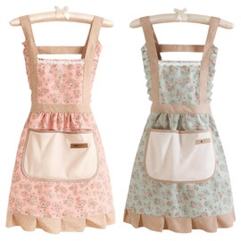 JazRvr Pack of 2 Women's Aprons, Adjustable Aprons for Women, Kitchen Apron with Pockets, for Cooking, Baking, Gardening and Restaurant