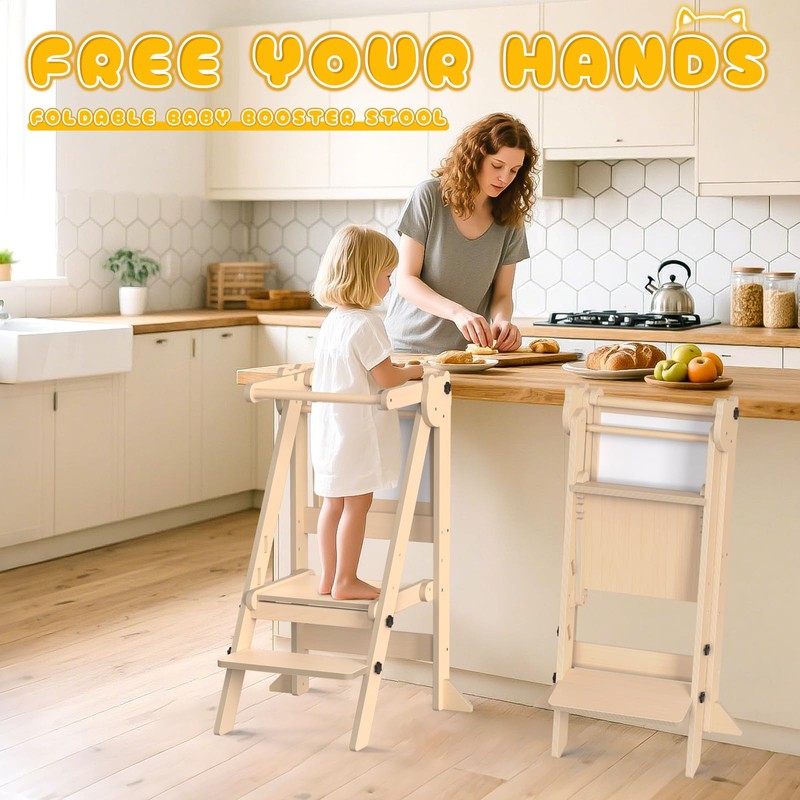 Foldable Toddler Tower, Wooden Toddler Kitchen Stool with 3 Adjustable