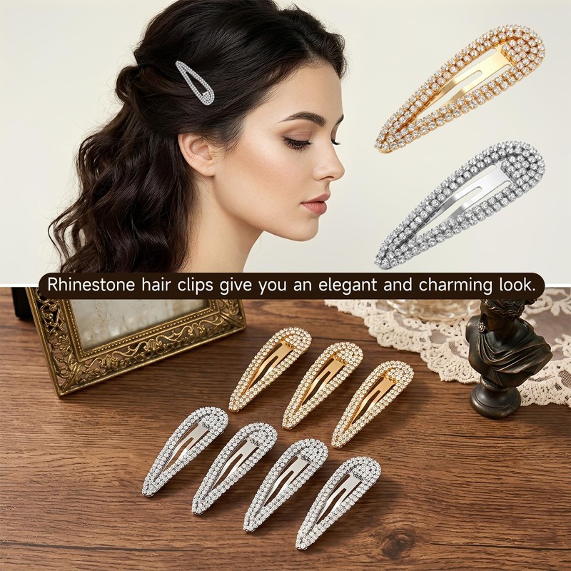 8Pcs Rhinestone Hair Clips, Crystal Hair Barrettes Bling Metal Snap