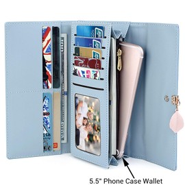 UTO Purses for Women RFID Blocking Ladies Long Wallet Leaf Pendant Zipper Coin Pocket Multi Card Slots Faux Leather Light Blue