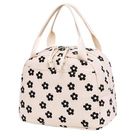 Insulated Kids Lunch Bags for Women Girls, Cream Cooler Lunch Bags, Leakproof Lunch Box Container Large Capacity Adult Cooler Tote Cute Corduroy Lunch Handbags for Work School Picnic Travel (Floral)