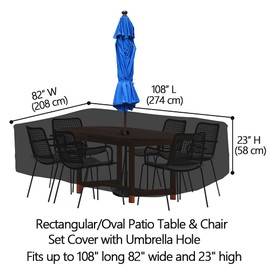 108 Inch Rectangular Oval Patio Table Chair Set Cover with Umbrella Hole Waterproof Outdoor Dining Table and Chairs Cover Rectangle, Black
