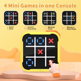 4 in 1 Handheld Tic Tac Toe Bolt Game, Electronic Digital Puzzle Game Console with Memory Flash, Whack-a-Mole, Portable Travel Toy Gift for Kids & Adults, Yellow