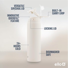 Ello - Pop & Fill - Botella de agua de acero inoxidable con tecnología QuickFill - Doble pared y aislamiento al vacío, tapa con bloqueo a prueba de fugas, reutilizable, sin BPA - 950 ml, crema