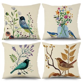 ASDCXZ Spring Pillow Cover 40x40 cm 4pcs Set, Flower Bird Pattern Beige Sofa Cushion Decorative Cushion Covers Pillow Cover Washable Polyester Flax Textile Outdoor Upholstery Pillow Cover Pillow Cover