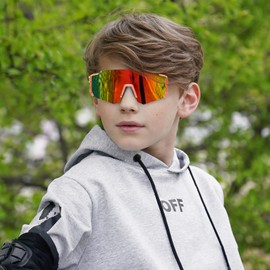 DUCO Polarized Kids Sunglasses Youth Sports Cycling Shades Lightweight Frame UV400 Child Boys Girls Baseball SunGlasses DK310 (Orange Frame Blue Black Dot Black Temple Revo Orange Lens)