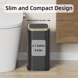 KHMMGK 8L/2.1 Gallon Small Bathroom Trash Can with Lid, Swing-Top Rectangular Waste Bin, Stainless Steel Garbage Can for Home, Office, Toilet, Bedroom, Living-Room (Black)