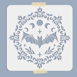 MAYJOYDIY Bat Moon Phase Stencil Bat Painting Template 11.8×11.8inch Cresent Moon Star Flower Drawing Art Paint Stencils Reusable PET Material Home DIY Walls Wood Fabric Paper Decoration