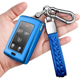 Autophone Compatible with Jeep Key Fob Cover with Keychain Fit for 2021-2024 Grand Cherokee L Grand Wagoneer L Wagoneer Grand Cherokee L 5-6 Buttons (Blue)