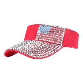 US Flag Sun Visor Hat Open Top Bling Rhinestone Sun Visor Hat UV Protection Crystal Shining Beach Hats for Men Women Red