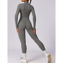 SEAUR Yoga Jumpsuit Women's Long Sports Jumpsuit Bodycon Bodysuit 1/2 Zip Tight One-Piece Romper for Gym Fitness Jogging S-XL, gray, L