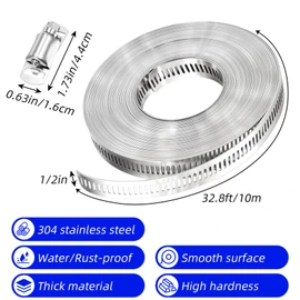 32.8FT Metal Strap + 24 Fasteners 304 Stainless Steel Hose Clamp Assortment Kit DIY Cut-To-Fit Adjustable Worm Gear Band Clamps for Pipe, Duct, Tube, and Fuel Line