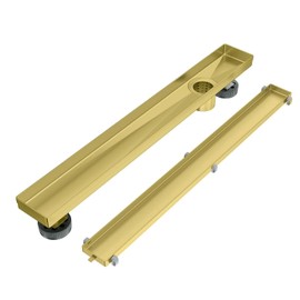 EXF Offset Linear Shower Drain 24 Inch Brushed Gold with Reversible Tileable Cover, Stainless Steel Rectangle Shower Floor Drain with Hair Catcher, Adjustable Feet