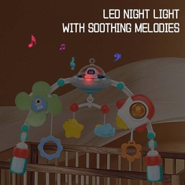 Baby Pram Bow Toy, Adjustable Car Seat Toy with Musical and Projector, Montessori Sensory Rotating Space Rocket Crib Bassinet Travel Toy for Toddlers