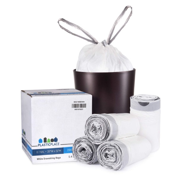 Plasticplace 8 Gallon Trash Bags │ 0.7 Mil │ White Drawstring Garbage Can Liners │ 22" x 22" (200 Case), Count