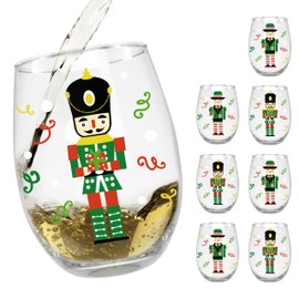 BANBERRY DESIGNS Nutcracker Stemless Wine Glass Set - 8 Glasses with Holiday Toy Soldier Design - 20 oz - 4.75" Tall