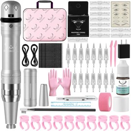 Kit De Máquina De Tatuaje Para Maquillaje Permanente De Cejas Con 15 Agujas De Cartucho Para Microblading (Plateado)