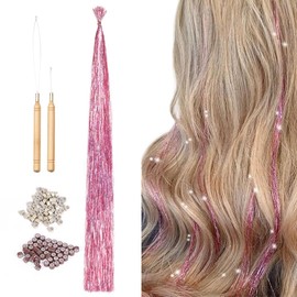 Hair Tinsel I Tip Pink Hair Extensions Hair Tinsel Kit With Accessories I Tip 20Strands/pack With 100pcs Micro Beads and 1pc Hook Needle 1pc Loop