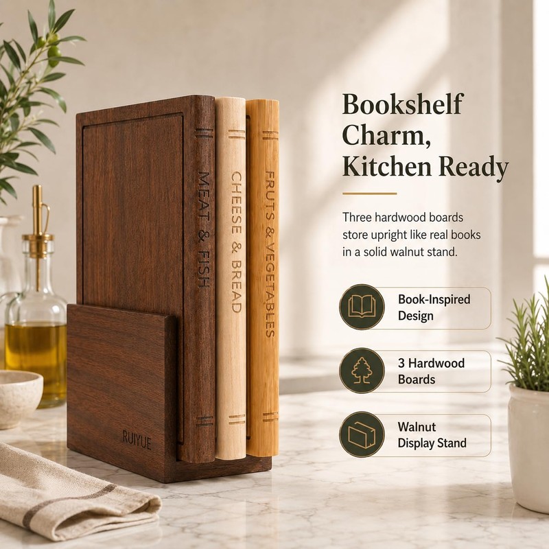 Book Shaped Cutting Board Set with Walnut Stand, 3 PCS