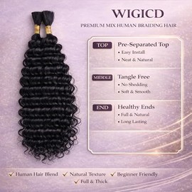 Human Braiding Hair Mix Synthetic Boho Hair for Braiding, 16 Inch Deep Wave Bulk for Boho Braids 4 Pcs Curly Bohemian Wet and Wavy Braiding Hair(1B/30