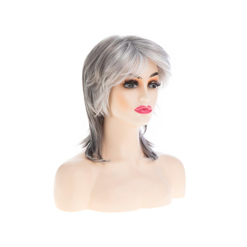 Sallcks Short Grey White Mullet Wig with Bangs Shaggy Layered