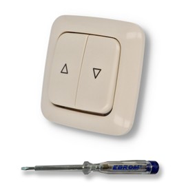 EBROM SET IDEE: BUSCH JÄGER DURO2000 Blind Switch Roller Shutter Button 2020/4 US (2020/4US) Cream White Glossy Complete Set with Print Arrow Up/Down + EBROM Phase Tester for Assembly