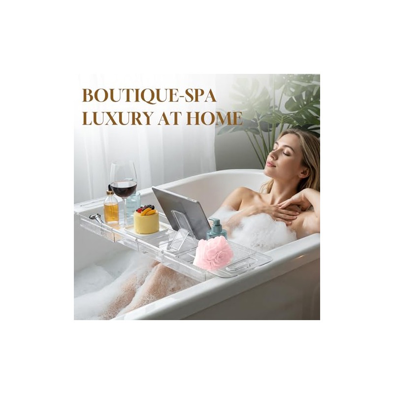 Expandable Clear Acrylic Bathtub Tray Caddy, Foldable Tub Bath Tray