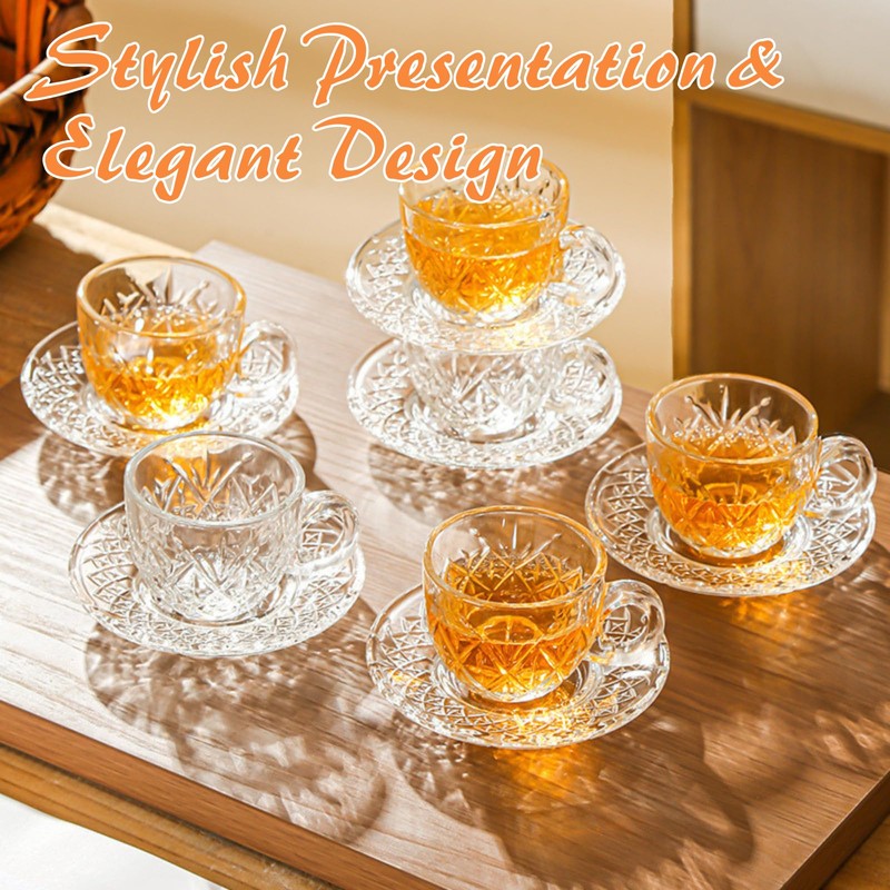 Atarvana 6 Pack Glass Tea Cups and Saucers Set with