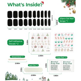 Gospire 20pcs Semi Cured Gel Nail Strips with 2pcs Self-Adhesive Christmas Decals,Works with UV Lamps, Easy to Apply and Remove, 14 Days Long Lasting - Black