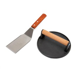 Smash Burger Press Kit, 6.9" Round Cast Iron Press & Grill Spatula with Wood Handle,Meat Steak for Perfect Cookouts, Outdoor Barbecues and Tailgates