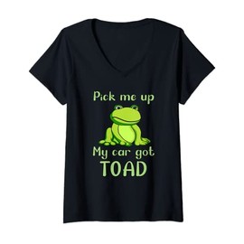 Womens Kids Fun Cute Frog Design Pun. My Car Got Toad Frog Themed V-Neck T-Shirt