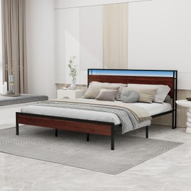 Orchidleaf King Size Bed Frame with LED Lights and Charging Station, Heavy Duty Metal Frame Support, Bed Frame with Headboard, Noise-Free, Mahogany Color