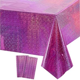 COSORO 2pcs Hot Pink Holographic Tablecloth Party,137x274cm Large Plastic Holographic Rose Tablecover Shiny Metallic Tablecloth Hot Pink Party for Christmas,Picnic,Birthday Party Table Decorations