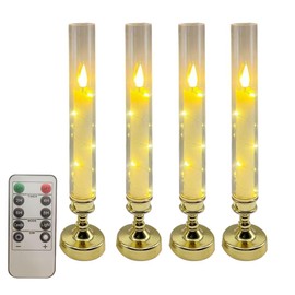 4 Pcs Flameless Candle with Remote Timer, Flickering Battery Operated LED Taper Candles with Embedded Star String Gold Candle Holders for Home, Wedding, Party Christmas Window Candles