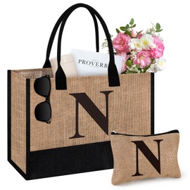 Initial Jute Tote Bag & Makeup Bag, Birthday Gifts for Women Her Mum Teacher, Suitable for Wedding, Beach, Holiday (N)
