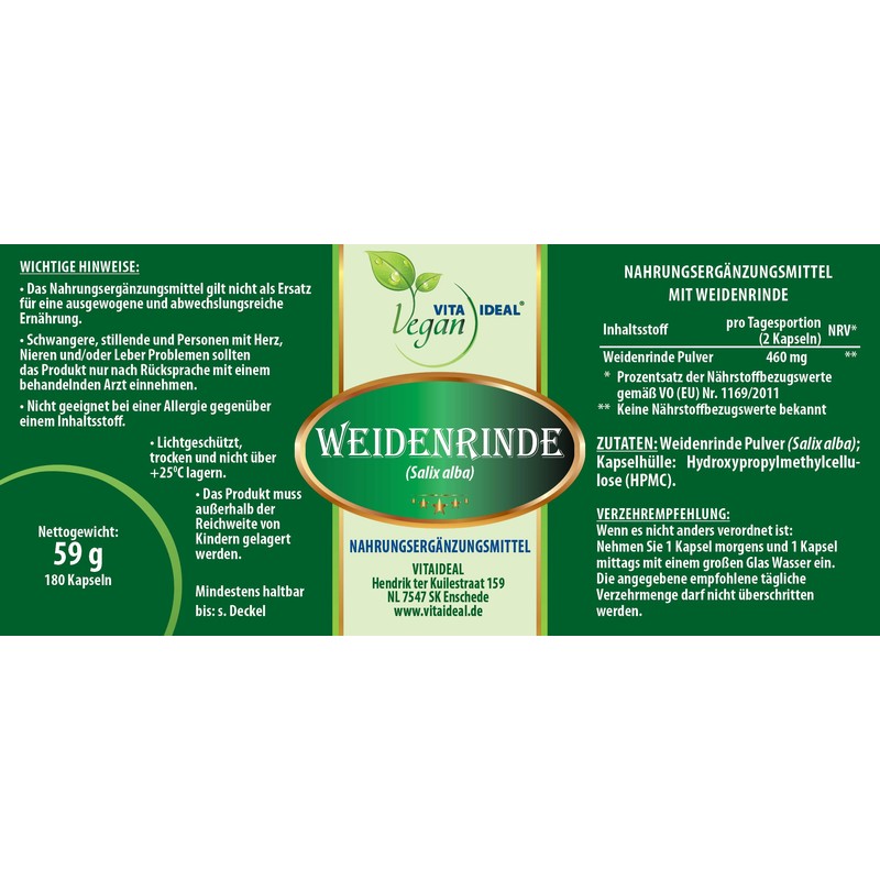 VITA IDEAL Vegan® Willow Bark 180 Capsules – Salix Alba
