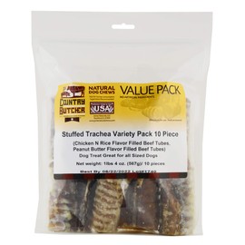 The Country Butcher Filled Beef Trachea Dog Chew Treats, Made in USA, Peanut Butter & Chicken N Rice Variety, Natural Source of Glucosamine & Chondroitin for Joint Health, Rawhide Free, 10 Count