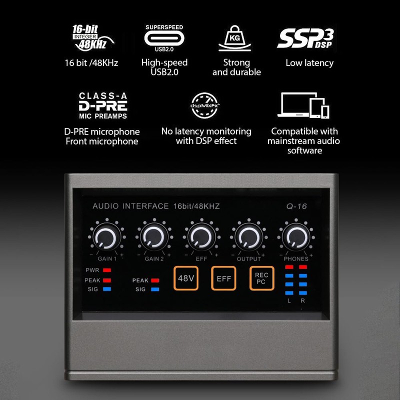 Audio Interface Recording XLR Audio Interface DSP Reverb 48V Phantom