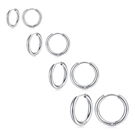 PICKBEAU 4 Pairs Thin Silver Huggie Hoop Earrings for Women Men | 14K White Gold Plated Small Huggie Hoop Earrings Set Hypoallergenic Hoops Lightweight Cartilage Ear Cuff Earrings Pack(8/10/12/14MM),