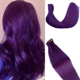 Purple Tape in Real Human Hair Extensions 16Inch Soft Silky Straight Deep Purple Glue in Remy Hair Tape on Extensions for Women 30grams 20pcs Seamless Skin Weft