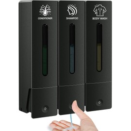 KOYFOYO Shampoo and Conditioner Dispenser, Shower Soap Dispenser 3 Chamber No Drill, Shampoo Dispenser for Shower Wall, Body Wash Dispenser Wall Mounted for Bathroom Hotel (3x13.5oz Black)