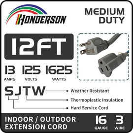 HONDERSON Indoor Outdoor Extension Cord Weatherproof, UL Listed, 16 Gauge 12FT Grey 3 Prong Heavy Duty Extension Cord, 16/3 SJTW 13A Power Extension Cord for Outdoor Lights, Appliances, Lawn