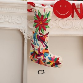 YZXDORWJ 2 Pack Mexican Embroidered Christmas Stockings 18 Inches Otomi Animals Colorful Floral for Family Holiday Decor (C3+C1)
