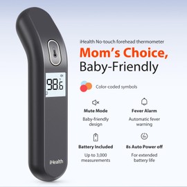 iHealth Touchless Digital Thermometer for Adults and Kids - Baby Forehead Thermometer with Color Fever Indicator - Quick & Accurate Results in 1 Second - Silent Mode, Easy-to-Use for Home - PT2L Black