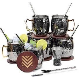 Advanced Mixology [Gift Set] Black Moscow Mule Mugs (18oz) | Black Mule Mug w/Gunmetal Finish | Comes w/Straws, Coasters, Jigger, Spoon & Brush | Black Tin Mugs (4 - Set of 12)