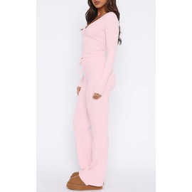 FWBBG Womens 2 Piece Lounge Sets Long Sleeve Crop Tops V Neck Flare Pants Set Fall Y2k Casual Outfits (Pink, Small)